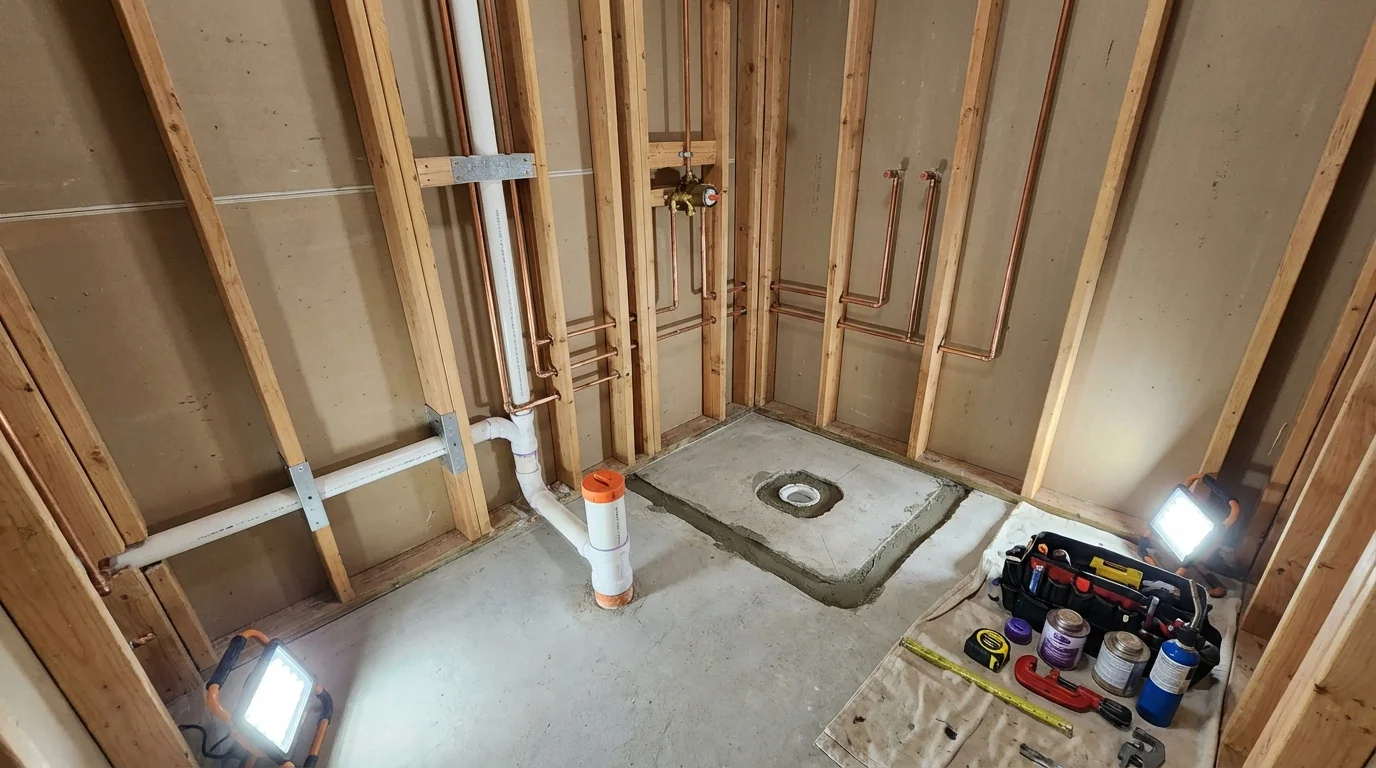 Bathroom rough-in plumbing during remodel by Johns Plumbing LLC in Tilton