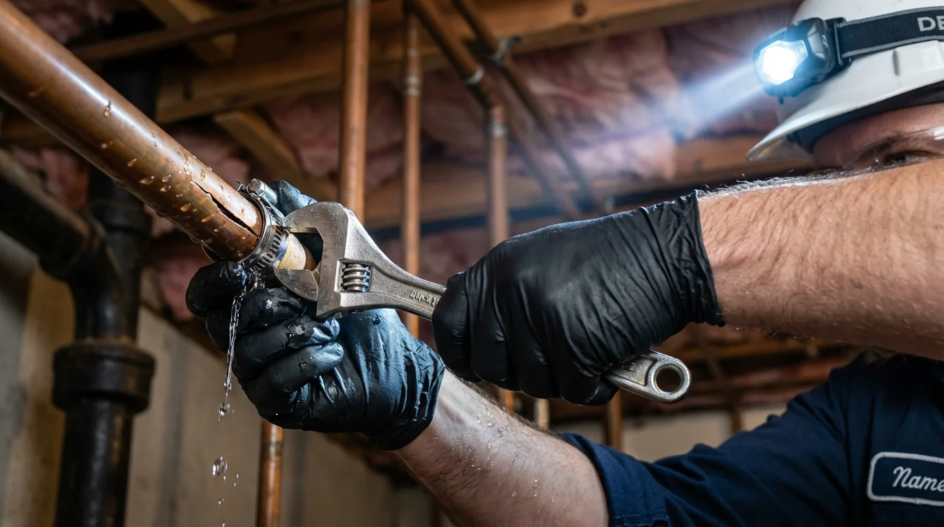 Emergency pipe clamp repair being performed by a Johns Plumbing LLC plumber in Tilton