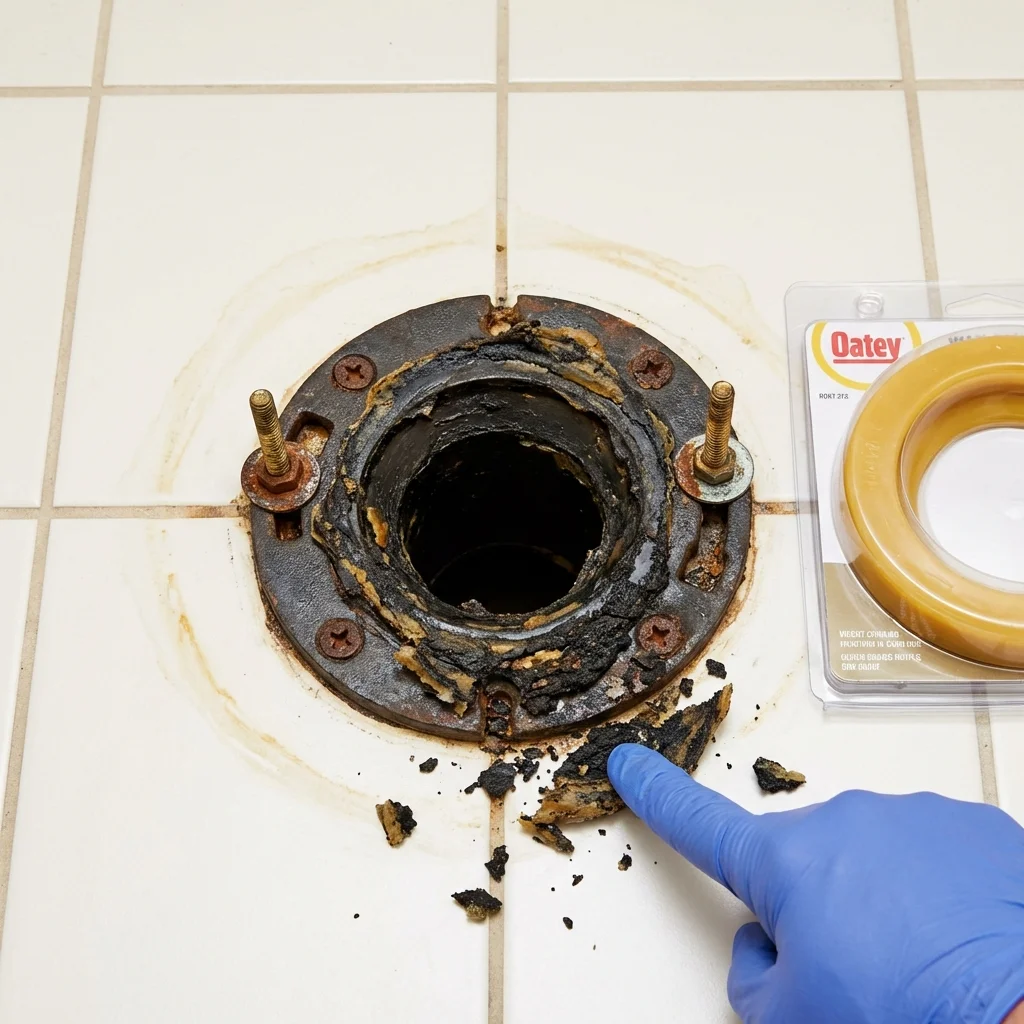 Failed wax ring showing water seepage at the base of a toilet in a Tilton, IL home