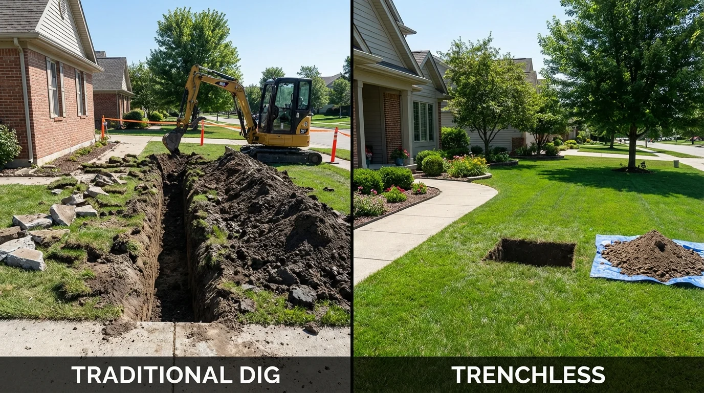 Trenchless sewer repair with minimal yard damage versus traditional excavation in Tilton, IL